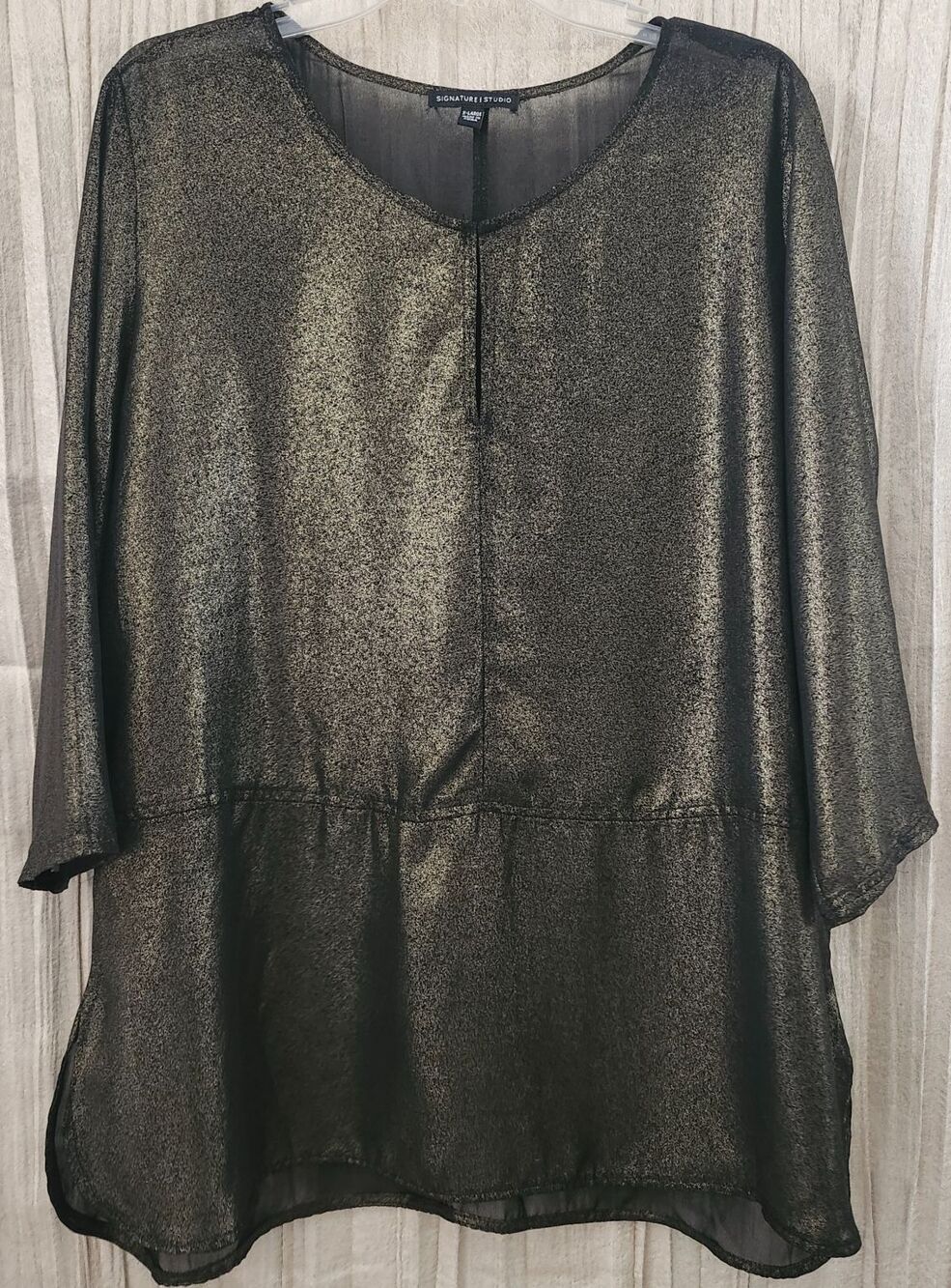 Women Size XL Sheer Black Gold Tunic Blouse 3/4 Sleeve Metallic Evening Pool